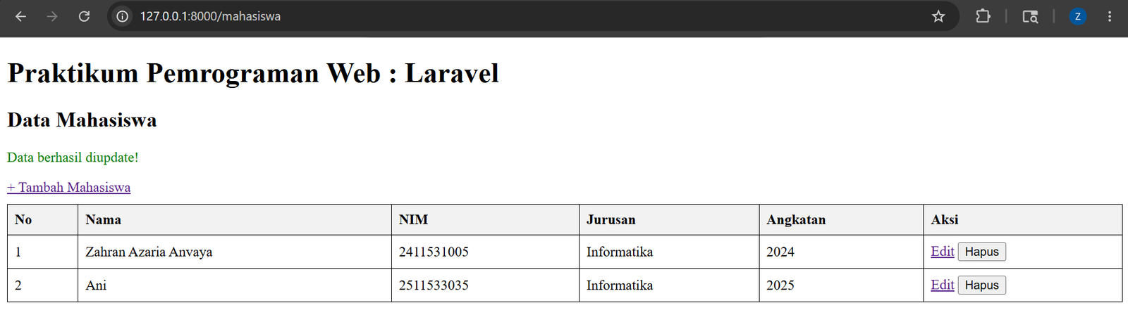 Tampilan form edit mahasiswa